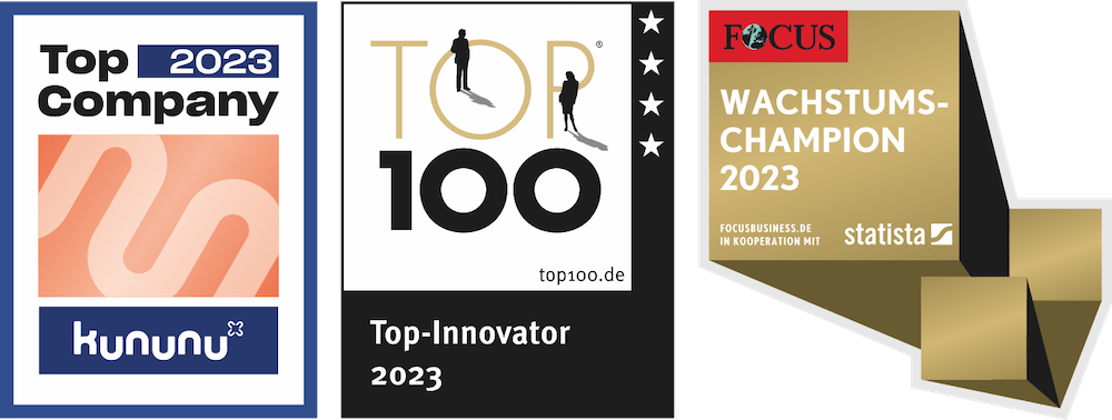 Darstellung der Siegel „kununu Top Company 2023“, „Top Innovator 2023“ und „Wachstumschampion 2023“.